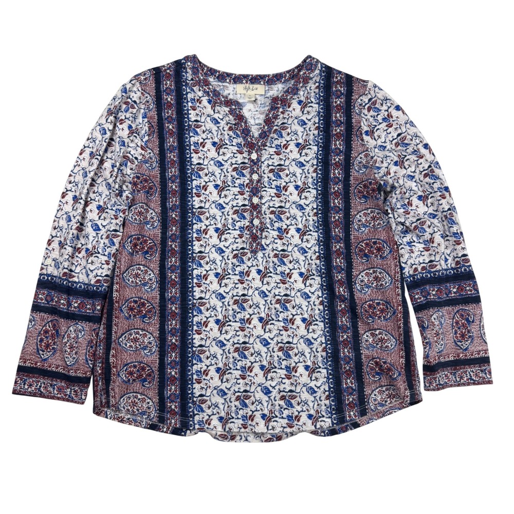 Style & Co Petite Large PL Henley Top Mixed Paisley Floral Print Boho Cottage